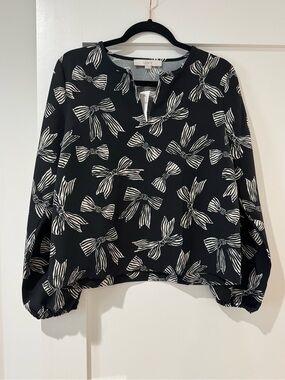 LOFT Black Bow-Print Split-Neck Long Sleeve Blouse